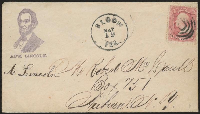3c Rose (65).> Bright shade, cancelled by target, Bloom Ill. May 19 circular datestamp on cover to Auburn N.Y. with purple <Lincoln three-quarter portrait facing left and Abm Lincoln caption,> Milgram AL-138,
stamp slightly affected from placeme