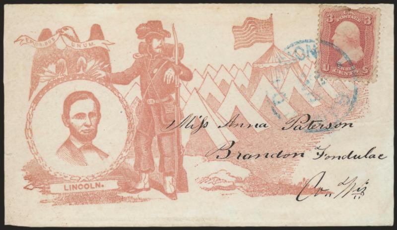 3c Rose (65).> Tied by blue anks Division May 30> circular datestamp on cover to Brandon Wis. with red brown <Lincoln portrait in oval with eagle, Zouave and camp scene,> Milgram AL-142 (illustrated on p. 90),
stamp defective, trivial cover edge