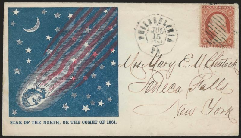 3c Dull Red, Ty. III (26).> Tied by grid cancel, Philadelphia Pa. Jul. 15, 1861 octagonal datestamp on cover to Seneca Falls N.Y. with <blue and red Star of the North, or the Comet of 1861 Lincoln patriotic
design,> shows Lincoln shooting through