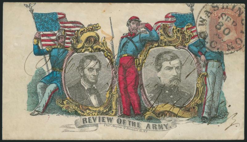 3c Rose (65).> Tied by Washington D.C. Sep. 30, 1863 circular datestamp on cover to Theresa N.Y. with <Magnus multicolored Lincoln and McClellan Review of the Army patriotic design,> Milgram AL-213, barely
reduced at left, Very Fine, a rare and w