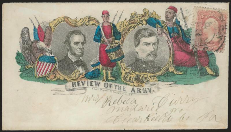 3c Rose (65).> Tied by Washington D.C. Sep. 2, 1863 double-circle datestamp on cover to Madaree Pa. with <multicolored Magnus Lincoln and McClellan Review of the Army patriotic design,> Milgram AL-255, Very
Fine, a gorgeous and rare hand-colored