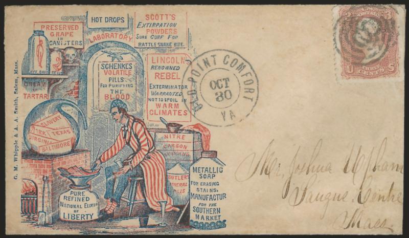 3c Rose (65).> Cancelled by target, Old Point Comfort Va. Oct. 30 double-circle datestamp on cover to Saugus Centre Mass. with <red and blue Lincolns Renowned Rebel Exterminator patriotic cartoon design,>
Milgram AL-301, depicting Lincoln in sta