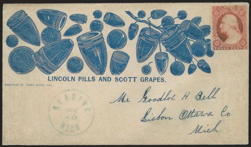 3c Dull Red, Ty. III (26).> Tied by light blue Reading Mich. Sep. 25 circular datestamp, second strike at left, on cover to Lisbon Mich. with blue <Lincoln Pills and Scott Grapes satirical patriotic cartoon>
cover showing artillery shells, Gates