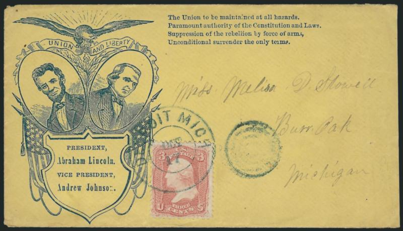 3c Rose (65).> Tied by Detroit Mich. Oct. 17 double-circle datestamp with target on yellow cover to Burr Oak Mich. with <blue Lincoln-Johnson portraits in ovals with eagle, flags and campaign slogan,> Milgram
AL-151, small piece out of side flap at