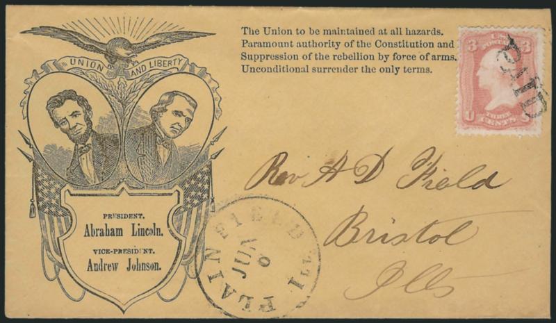 3c Rose (65).> Tied by neat strike of <Paid> cancel, Plainfield Ill. Jun. 6 circular datestamp on buff cover to Bristol Ill. with <Lincoln-Johnson portraits in oval with eagle, flags and campaign slogan,>
Milgram AL-152, fresh and Very Fine, a be