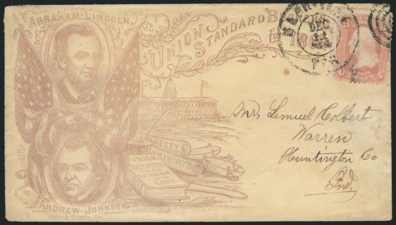 3c Rose (65).> Tied by target, Nashville Ten. Dec. 14, 1864 double-circle datestamp on cover to Warren Ind. with light purple <Abraham Lincoln, Andrew Johnson, Union Standard Bearers for 1864 campaign design
with portraits and symbols of the Unio