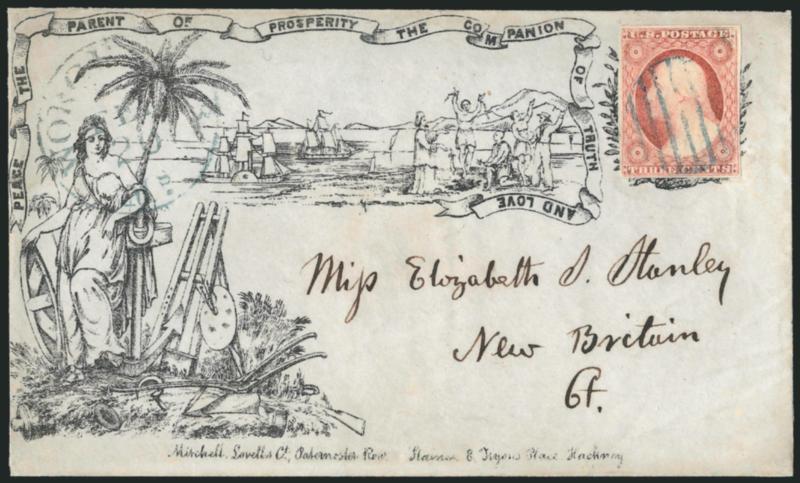 3c Dull Red, Ty. II (11A).> Large margins to clear, cancelled by blue grid, matching Worcester Ms. Feb. 20 circular datestamp on grayish cover to New Britain Ct., with <Peace, the Parent of Prosperity, the
Companion of Truth and Love illustrated