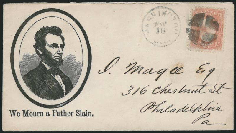 3c Rose (65).> Stamp with flaw at bottom right, tied by quartered cork, Washington D.C. May 16 circular datestamp on cover to publisher J. Magee in Philadelphia with <Lincoln portrait in oval frame with We Mourn
a Father Slain. slogan,> J. Magee