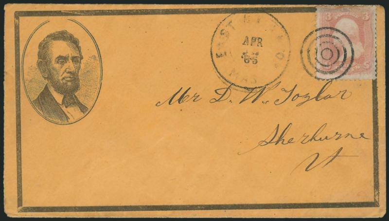 3c Rose (65).> Tied by target, East Boston Mass. Apr. 25, 1865 double-circle datestamp on orange cover to Sherburne Vt. with <Lincoln portrait in oval and mourning border around envelope,> Milgram AL-363
(illustrated on p. 164), stamp with few flaw
