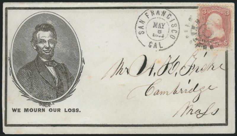 3c Rose (65).> Tied by cogwheel, San Francisco Cal. May 8, 1865 double-circle datestamp on cover to Cambridge Mass. with <Lincoln portrait in oval with We mourn our loss and mourning border,> Milgram AL-374,
barely reduced at left, few trivial ag