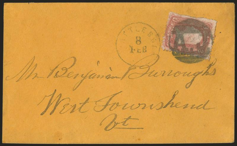 3c Rose (65).> Tied by <A. J. (Andrew Johnson) in grid fancy cancel,> Brattleboro Vt. Feb. 8 circular datestamp on orange cover to West Townshend Vt., stamp defective at left, slightly reduced at left, Very
Fine, the Brattleboro postmaster create
