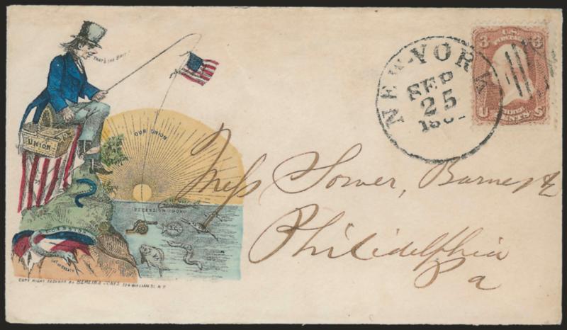3c Rose (65).> Rich color, tied by New-York Sep. 25, 1861 circular datestamp on cover to Philadelphia with <hand-colored Berlin & Jones cartoon depicting Uncle Same fishing with an American flag and using a
cannon as bait to catch Southern secessi