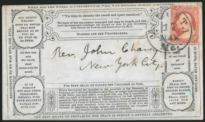 3c Dull Red, Ty. II (11A).> Bright color, large margins to just in, tied by Augusta Me. Mar. 17 circular datestamp on grayish cover to New York City with <American Peace Society propaganda design,> verses incl.
When all the world is prepared for w