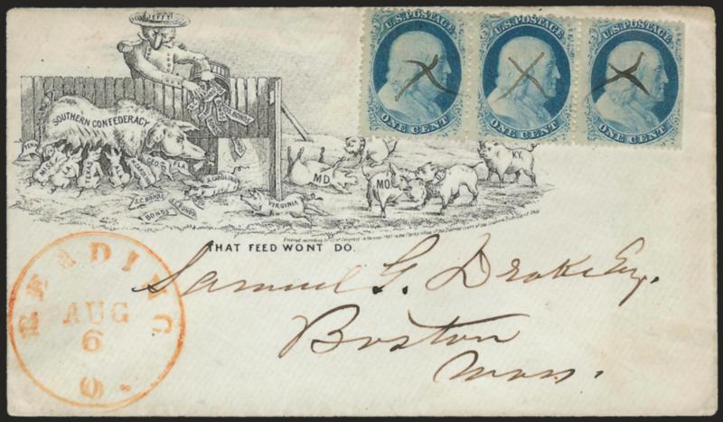 1c Blue, Ty. V (24).> Horizontal strip of three, s.e. at right, cancelled by manuscript Xs, red Reading O. Aug. 6 circular datestamp on cover to Boston with <That Feed Wont Do cartoon design depicting Jeffy
Davis as a wolf feeding bonds to