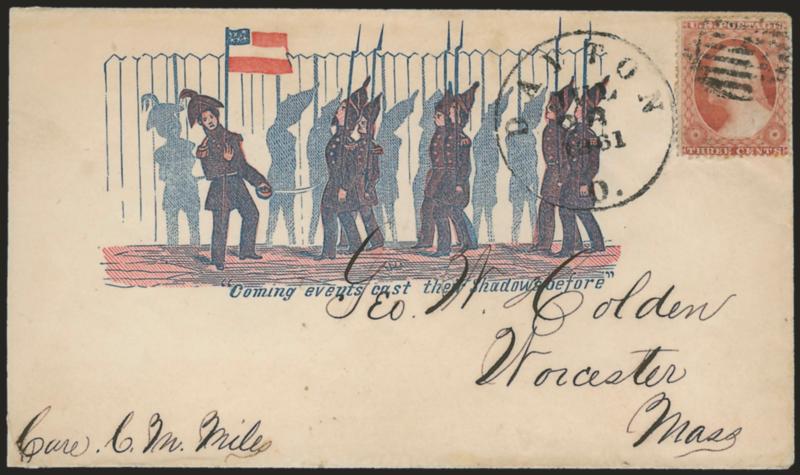 3c Dull Red, Ty. III (26).> Tied by grid and Dayton O. Jul. 28, 1861 circular datestamp on cover to Worcester Mass. with <red and blue Coming events cast their shadows before cartoon depicting Confederate
soldiers and their hanging shadows,> E.