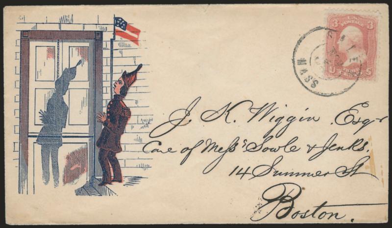 3c Rose (65).> Choice centering, tied by Salem Mass. Nov. 6 double-circle datestamp on cover to Boston with <red and blue cartoon depicting Confederate soldier with flag and bayonette horrified at his hanging
shadow,> Very Fine, no imprint but un