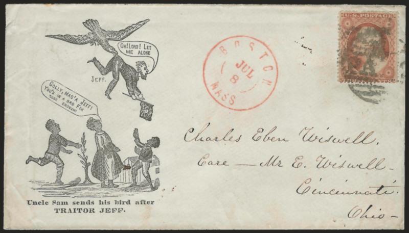 3c Dull Red, Ty. III (26).> Tied by large Paid grid, red Boston Mass. Jul. 8 double-circle datestamp on cover to Cincinnati O. with <Uncle Sam sends his bird after Traitor Jeff cartoon depicting Jefferson Davis
carried off by American eagle and