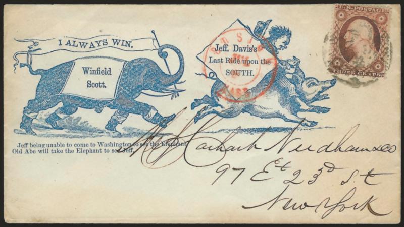 3c Dull Red, Ty. III (26).> Rich color (slightly oxidized), tied by large Paid grid, red Boston Mass. Jul. ? (possibly 4) double-circle datestamp on cover to New York with blue  Always Win, Jeff. Daviss Last
Ride upon the South cartoon depic