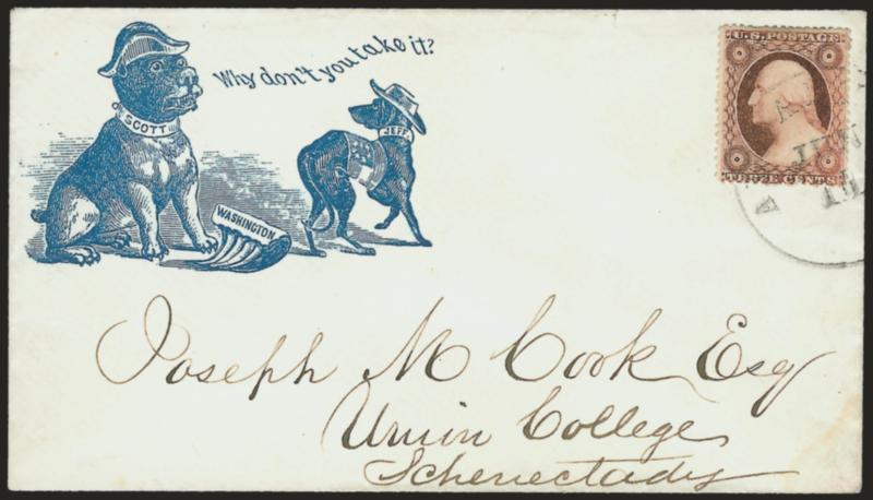 3c Dull Red, Ty. III (26).> Rich color (slightly oxidized), tied by Albany N.Y. Jun. 11 circular datestamp on cover to Schenectady N.Y. with blue <Why dont you take it? Scott and Davis cartoon,> Very Fine,
choice example of this scarce patriotic