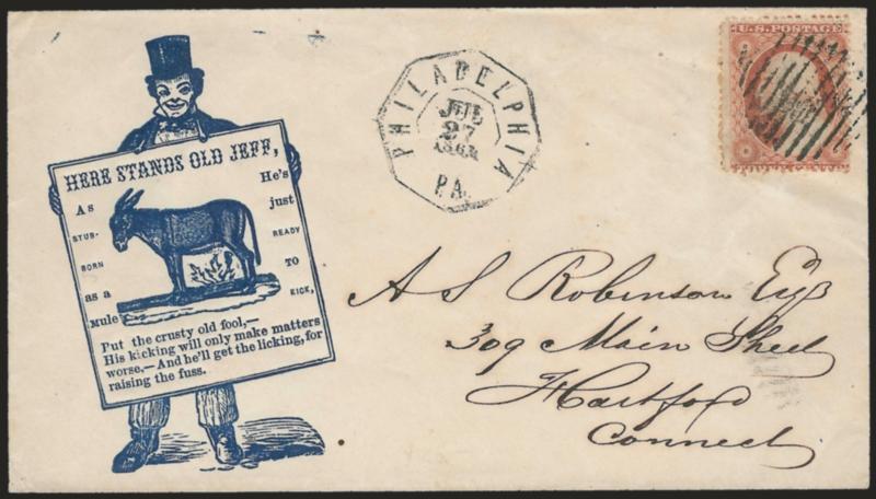 3c Dull Red, Ty. III (26).> Tied by open grid, Philadelphia Pa. Jul. 27, 1861 octagonal datestamp on cover to Hartford Conn. with ere stands old Jeff cartoon depicting Jefferson Davis as a jackass,> the design
is woodcut and leaves impression o