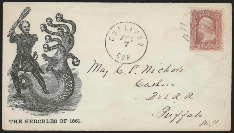 3c Rose (65).> S.e. at left, tied by grid, Guilford Con. Aug. 7 circular datestamp on cover to cashier of B. & E. R. R. (Buffalo & Erie Railroad) in Buffalo N.Y. with <The Hercules of 1861 cartoon depicting the
Union wielding a bat against the mu