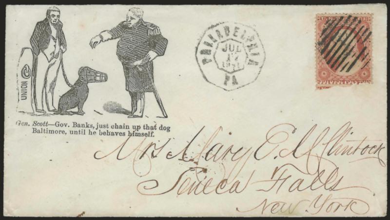 3c Dull Red, Ty. III (26).> Cancelled by open grid, matching Philadelphia Pa. Jul. 17, 1861 octagonal datestamp on cover to Seneca Falls N.Y. with <Gen. Scott -- Gov. Banks, just chain up that dog Baltimore,
until he behaves himself cartoon,> Mag
