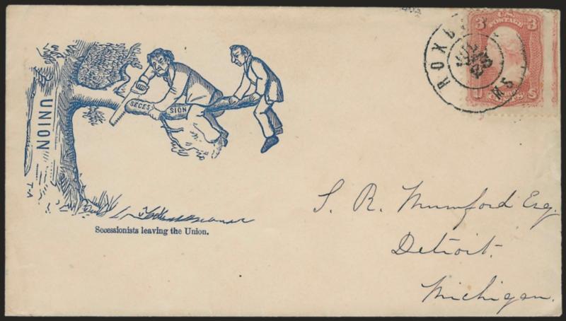 3c Rose (65).> Straddle-pane margin at right, tied by Roxbury Ms. Jul. 25 double-circle datestamp on cover to Detroit Mich. with blue <Secessionists leaving the Union cartoon depicting Jefferson Davis cutting a
secession limb from a Union tre