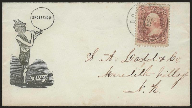 3c Rose (65).> Tied by Champlain N.Y. Sep. 12 circular datestamp on cover to Meredith Village N.H. with <cartoon of devil blowing up the balloon of secession,> stamp with pre-use horizontal crease, otherwise
Very Fine, unusual design