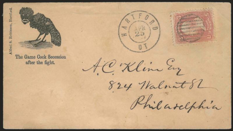 3c Rose (65).> Choice centering, cancelled by grid, well-struck Hartford Ct. Apr. 25 double-circle datestamp on buff cover to Philadelphia with <The Game Cock Secession after the fight cartoon depicting Davis,
Beauregard and Toombs names on tail