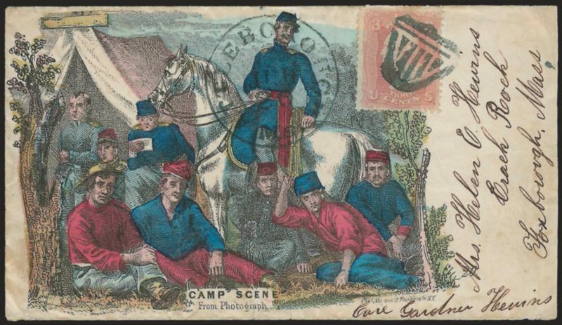 3c Rose (65).> Tied by bold <Shield fancy cancel,> Attleborough Ms. Jul. 20 circular datestamp on multicolored <Magnus Camp Scene patriotic> cover to Foxborough Mass., with part of original Magnus enclosure
depicting Siege and Capture of Fort Donel