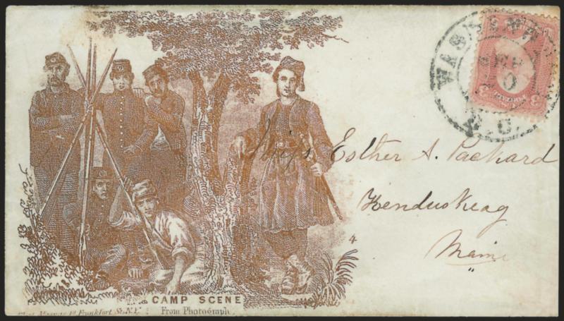 3c Rose (65).> Tied by Washington D.C. Sep. 20 double-circle datestamp on cover to Kenduskeag Me. with <bronze Magnus <Camp Scene From Photograph patriotic design,> stamp barely affected where cover slightly
reduced at right, otherwise Very Fine,