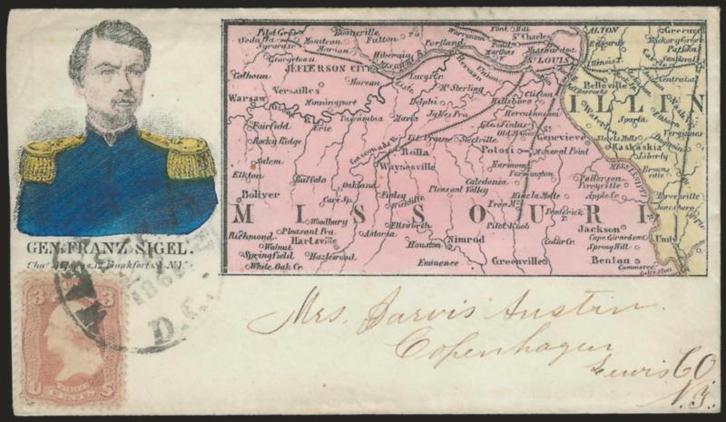 3c Rose (65).> Tied by Washington D.C. Sep. 26, 1861 circular datestamp on cover to Copenhagen N.Y. with <hand-colored Magnus design comprising portrait of General Franz Sigel and map of Missouri and Illinois
railroad lines,> barely reduced at left