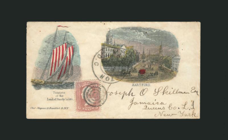 3c Rose (65).> Choice centering, tied by target, Washington D.C., ? double-circle datestamp on cover to Jamaica N.Y. with <hand-colored Magnus two-panel Hartford and Patriots of the Land of Steady Habits design
depicting downtown Hartford at ri