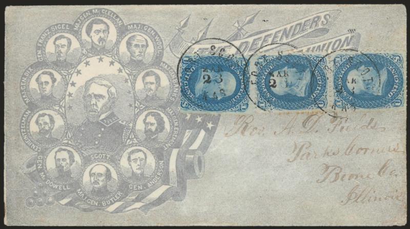 1c Blue (63).> Vertical pair and single, tied by Fort Scott Kas. Mar. 23 circular datestamps on cover to Parks Corners Ill., with <Defenders of the Union patriotic design> depicting portrait of Winfield Scott
surrounded by ten Union generals, Rea
