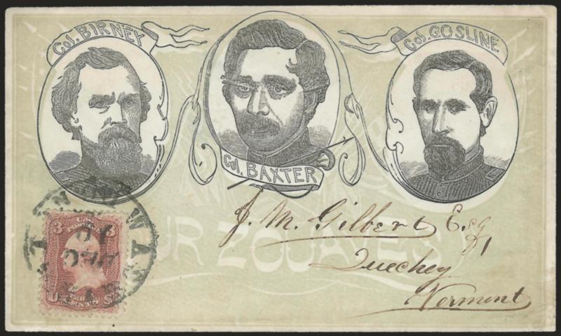3c Rose (65).> Tied by Washington D.C. Dec. 10 circular datestamp on cover to Quechee Vt. with light green and black <Our Zouaves overall design depicting Colonels Birney, Baxter and Gosline,> Upham imprint on
flap, Very Fine, a beautiful design,