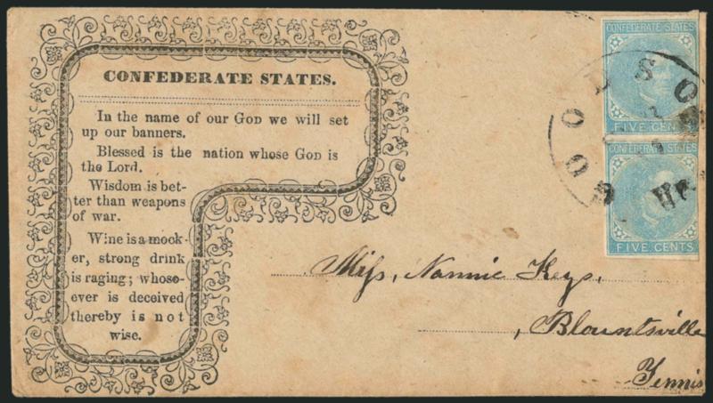 5c Blue, Local (7).> Vertical pair, large margins to in, pre-use horizontal crease between stamps, tied by Goodson Va. Feb. ? circular datestamp on cover to Blountsville Tenn. with <Confederate States religious
and temperance verse,> few trivial
