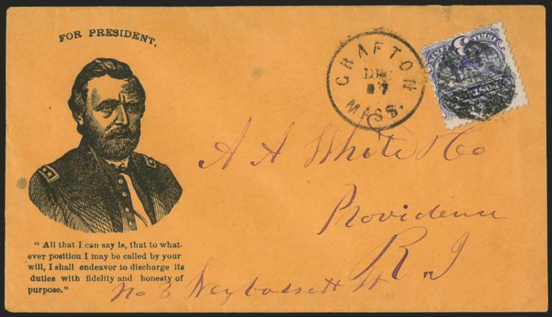 3c Ultramarine (114).> Tied by grid, Grafton Mass. Dec. 27 circular datestamp on orange cover to Providence R.I. with <Grant three-quarter portrait and verse design,> Milgram UG-6 (illustrated on p. 213), barely
reduced at right, Very Fine, ex Knox