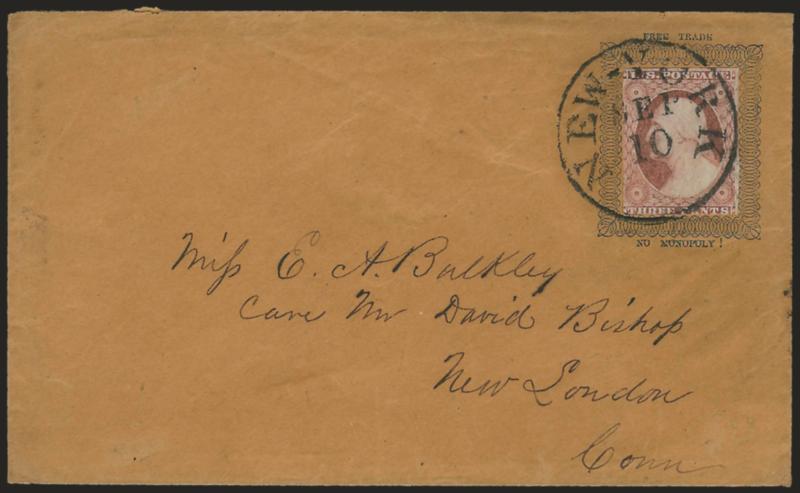 3c Dull Red, Ty. II (11A).> Large margins to in, tied by well-struck New-York Sep. 10 circular datestamp on brown cover to New London Conn., with dark blue <Free Trade, No Monopoly! slogan above and below
ornately-framed stamp collar,> with print