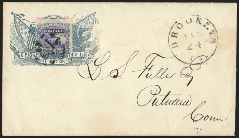 3c Ultramarine (114).> Tied by odd geometric cancel, Brooklyn Ct. Jan. 24 (1870) circular datestamp on cover to Putnam Conn. with blue <We fight it out on this line! Grant campaign design,> Milgram UG-21, stamp
affixed over Grants portrait (a po