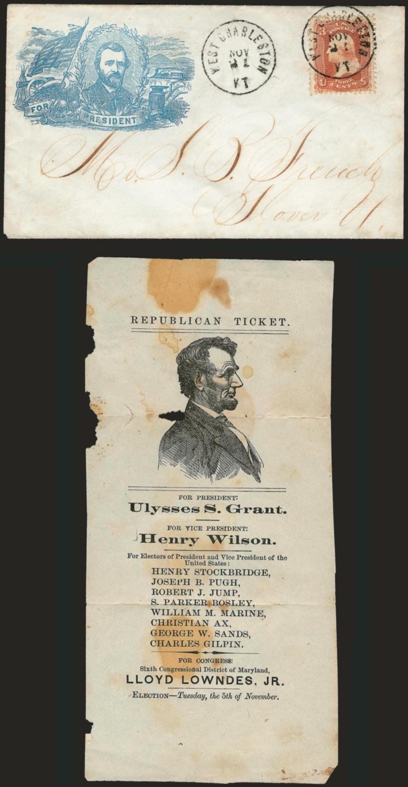3c Rose (65).> Tied by well-struck West Charleston Vt. Nov. 21 circular datestamp, second strike at left, on cover to Glover Vt. with blue <Grant portrait and For President campaign design> with patriotic
themes, Milgram UG-24 (illustrated on p.