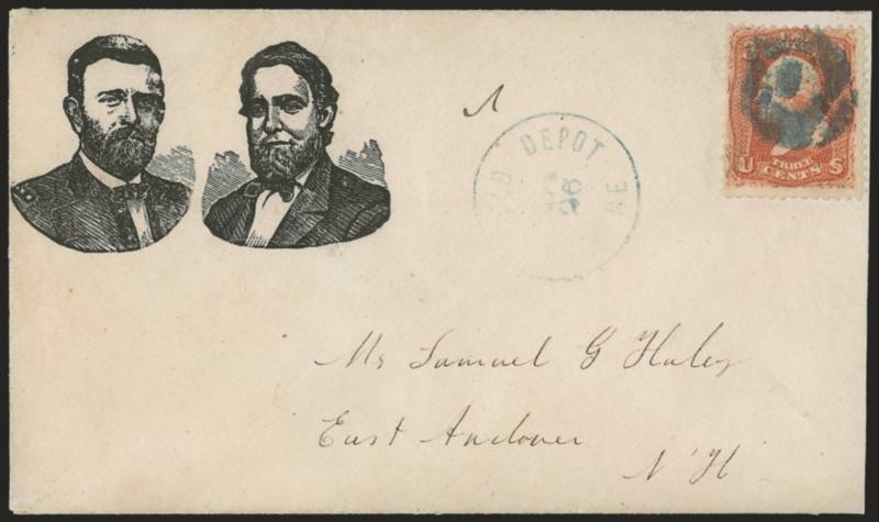 3c Red, F. Grill (94).> Tied by unusual blue cork, matching ? Depot Me. Apr. 26 circular datestamp on cover to East Andover N.H. with <Grant and Colfax dual portraits campaign design,> Milgram UG-31 (illustrated
on p. 231), slightly reduced at righ