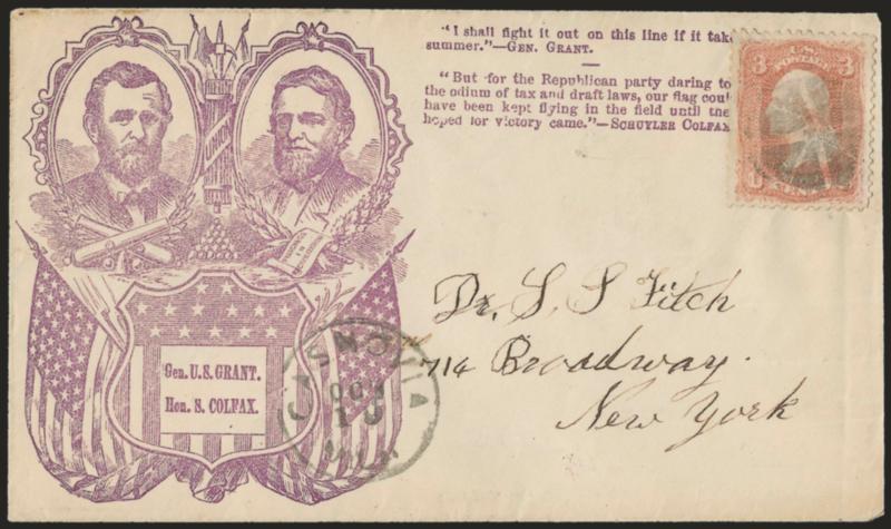 3c Rose (65).> Bright shade, choice centering, cancelled by segmented cork, Casnovia Mich. Oct. 15 circular datestamp on cover to New York City with <purple Grant and Colfax dual portraits in frame with flags
and quotes,> Milgram UG-35, slightly re