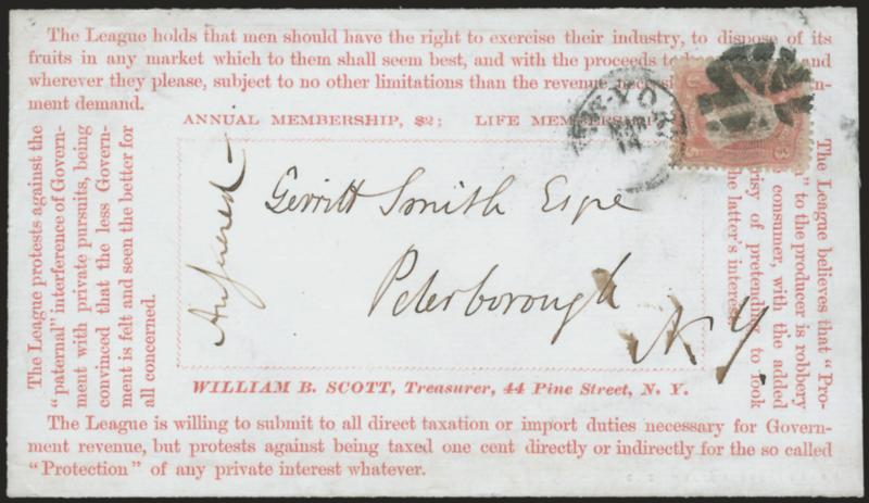 3c Rose (65).> Tied by circle of Vs and New York Mar. 14 circular datestamp on cover to Peterborough N.Y., with red <American Free Trade League slogan design> calling for free and open trade between nations,
incl. The League protests against the