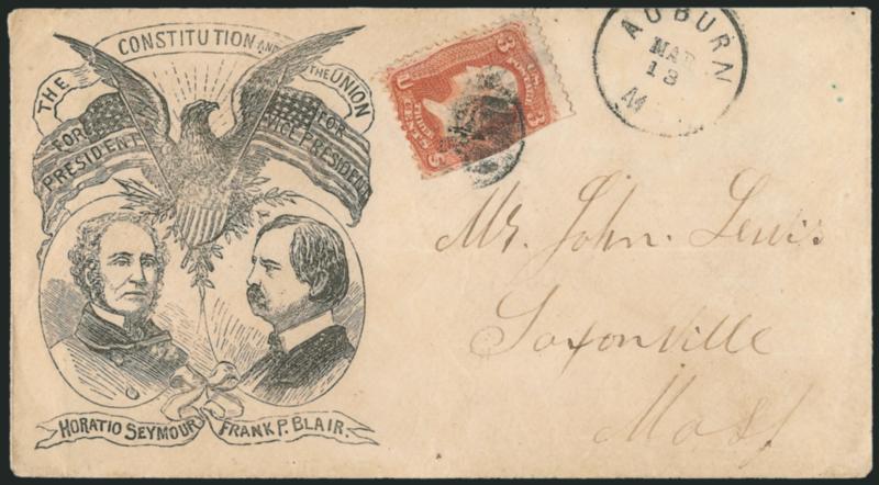 3c Red, F. Grill (94).> S.e. at right, tied by grid, Auburn Mass. Mar. 13 circular datestamp on cover to Saxonville Mass. with <Seymour and Blair portraits in frame with eagle, shield and flags,> Milgram HS-6,
stamp shows traces of illegally remove