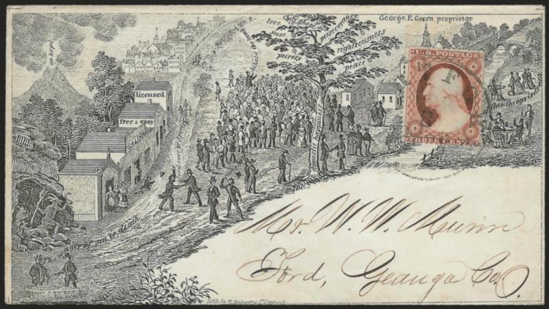 3c Dull Red, Ty. III (26).> Rich color, tied by lightly struck circular datestamp which might be Hartford (Mich.) on cover to Ford O. with <extraordinarily detailed Temperance design depicting the evils of
alcohol and the path to righteousness,> Lit