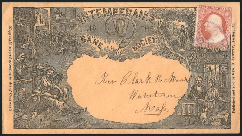 3c Dull Red, Ty. II (11A).> Bright shade, large margins to in, tied by blue Chicopee Mass. Aug. 2 circular datestamp on buff cover to Watertown Mass. with ntemperance is the Bane of Society propaganda design,>
Geo. D. Jewett imprint at right, f