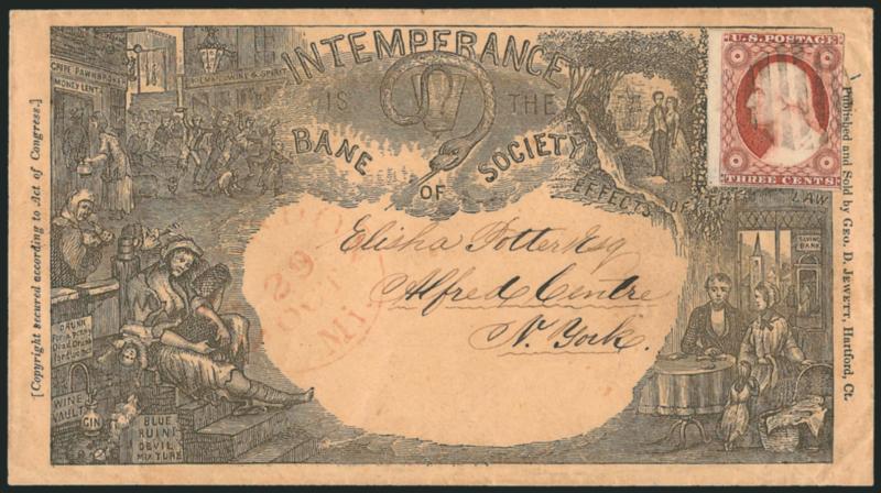 3c Dull Red, Ty. II (11A).> Huge margins to just in incl. sheet margin at left, tied by black grid, red Brandon Mi. Oct. 29 circular datestamp on buff cover to Alfred Centre N.Y. with ntemperance is the Bane of
Society propaganda design,> Geo.