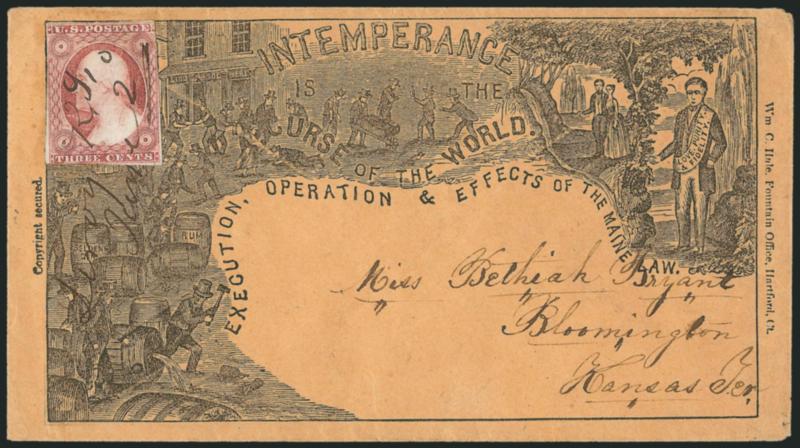3c Dull Red, Ty. II (11A).> Large margins to in, bright shade approaching Claret, tied by Leroy K.T. June 2 <Kansas Territorial> manuscript postmark on buff cover to Bloomington, Kansas Territory, with
ntemperance is the Curse of the World prop
