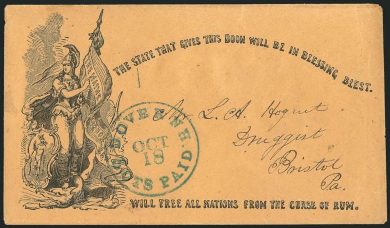 Dover N.H. 3cts. Paid Oct. 18.> Well-struck blue integral-rate circular datestamp on brown cover to Bristol Pa. with <illustrated The Maine Liquor Law Temperance propaganda design,> Very Fine, this design works
well as a stampless cover because the