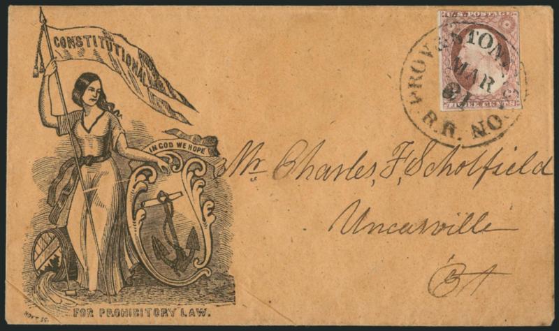3c Dull Red, Ty. II (11A).> Large margins to in, tied by <Prov. & Stonington R.R. Mar. 21> railroad route agents circular datestamp on brown cover to Uncasville Ct. with <Constitutional for Prohibitory Law
Temperance propaganda design,> Hoyt imp